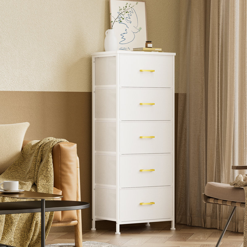 Ebern Designs 5 Drawer Narrow Dresser for Bedroom Tall Storage Tower Nursery White Dresser Steel Wood Top White Wayfair
